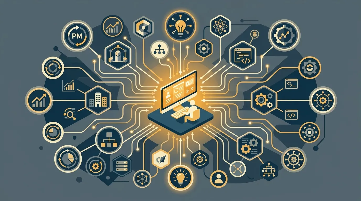 A person at a central computer connected to many software, process, and decision icons