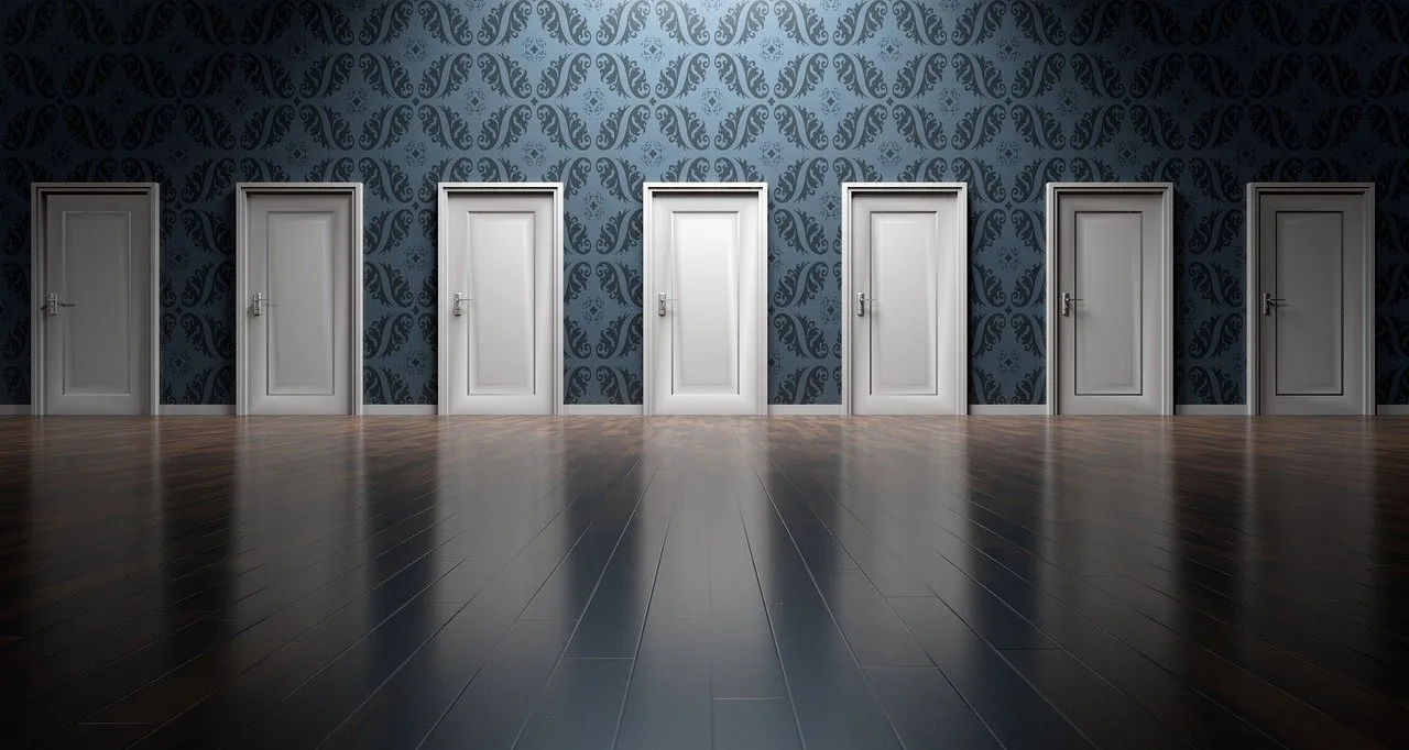 Row of identical white doors against a patterned wall, representing multiple choices